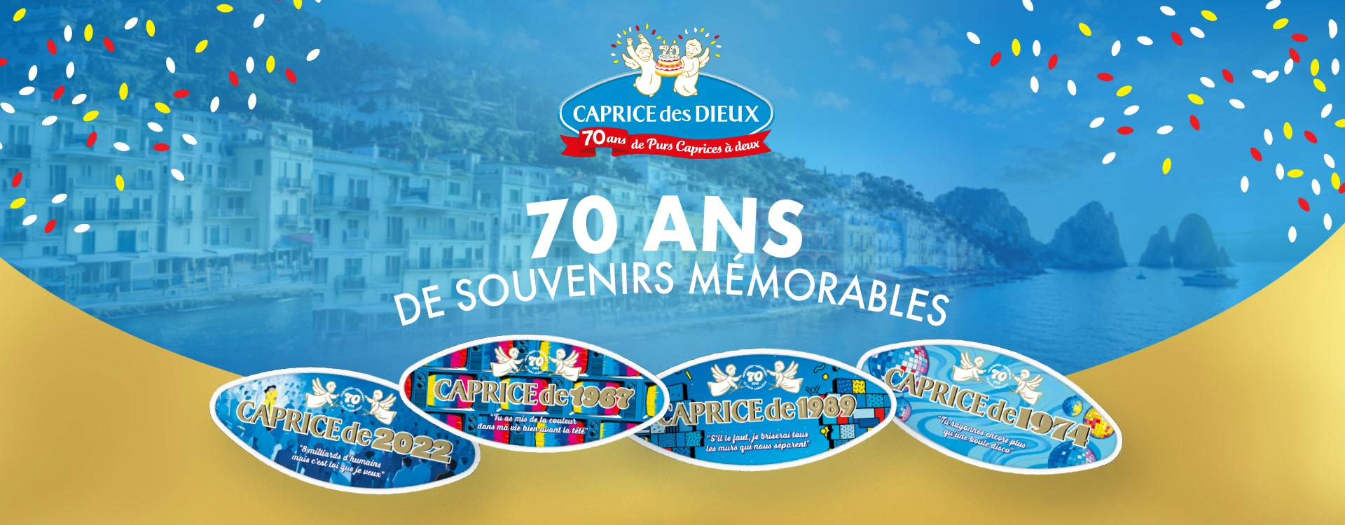 Bannière anniversaire Caprice des Dieux : « 70 ans de souvenirs mémorables », le logo de la marque au-dessus d’une baie ensoleillée, des confettis et quatre boîtes aux millésimes 2022, 1967, 1989 et 1974.