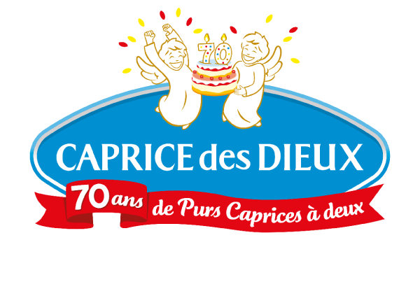 Logo anniversaire Caprice des Dieux : deux angelots portant un gâteau au chiffre 70.