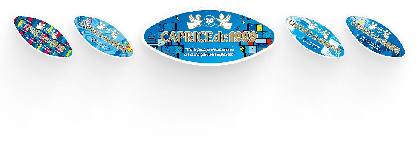 Les boîtes anniversaire Caprice des Dieux aux millésimes 1967, 1974, 1989, 2000 et 2022, chacune illustrée à la manière de son époque.